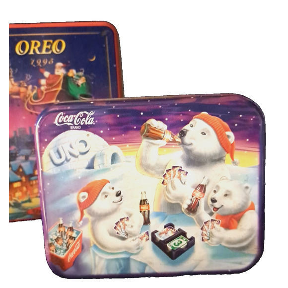 Vintage 1990's Holiday Tins Lot of 2 Coca Cola Bears Uno with Cards & Santa Oreo - Picture 1 of 10